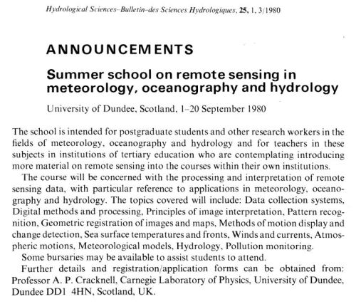 Fig. 1. The announcement of a summer school in Hydrological Sciences Bulletin.